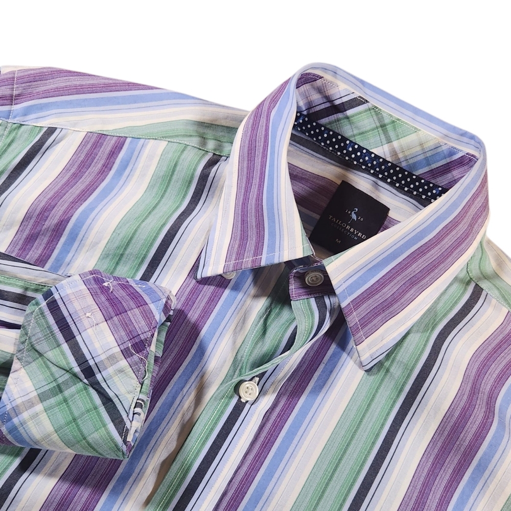 TailorByrd Mens Medium Blue Purple Green Striped Button Down Shirt Long Sleeve
